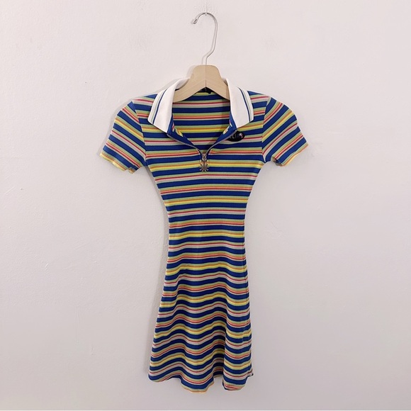Dolls Kill x Delias Stripe Polo Zipper Mini Dress Ribbed Knit Rainbow Collared - Picture 2 of 6